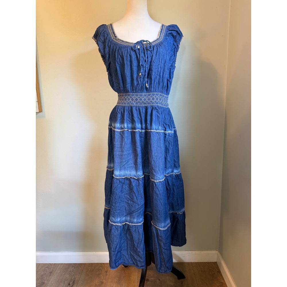 3X Blue Cotton Tiered Maxi Dress Smocked Wais Boho western flowy bohemian resort